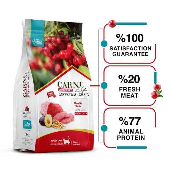 Carni Life Kızılcık Sığır Etli ve Erikli Yetişkin Kedi Maması 1,5 kg - 1