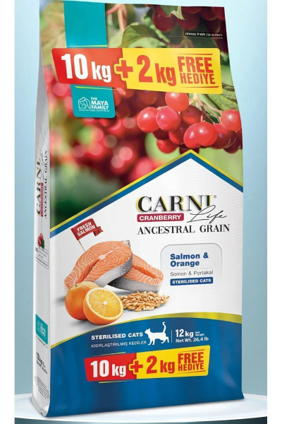 Carni Life Somon Portakal ve Kızılcıklı Kısırlaştırılmış Yetişkin Kedi Maması 10 + 2 KG - 1