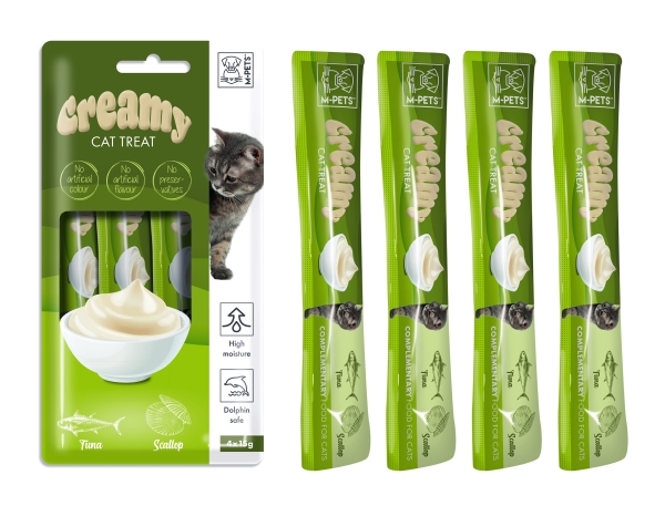 M-Pets Creamy Ton Balıklı ve Deniz Taraklı Sıvı Kedi Ödül Maması 15 Gr 4 Lü - 1